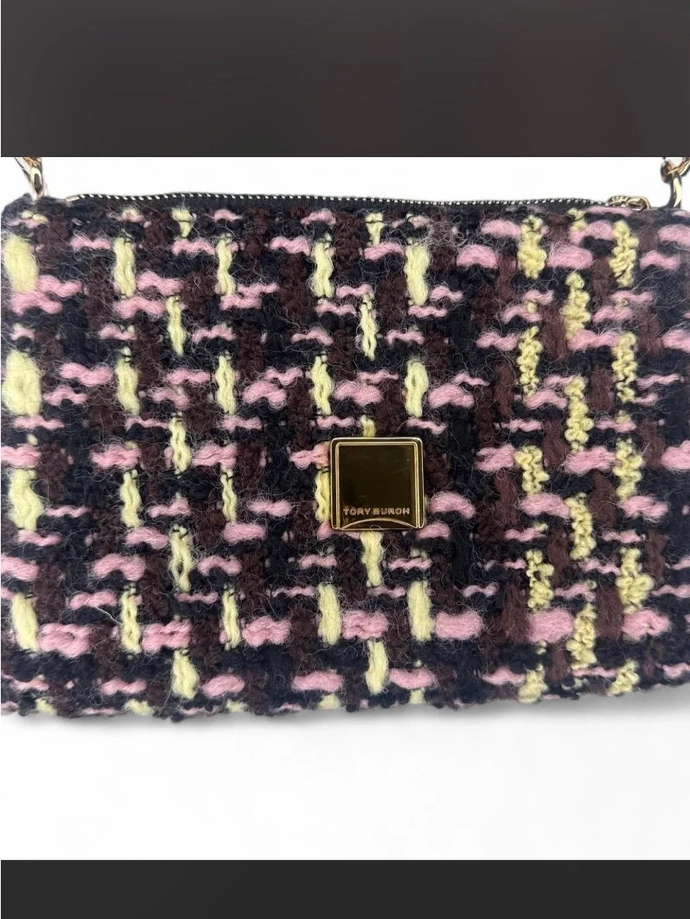 Tory Burch Tweed Flap Shoulder Bag in Pink, Black & Yellow-Green